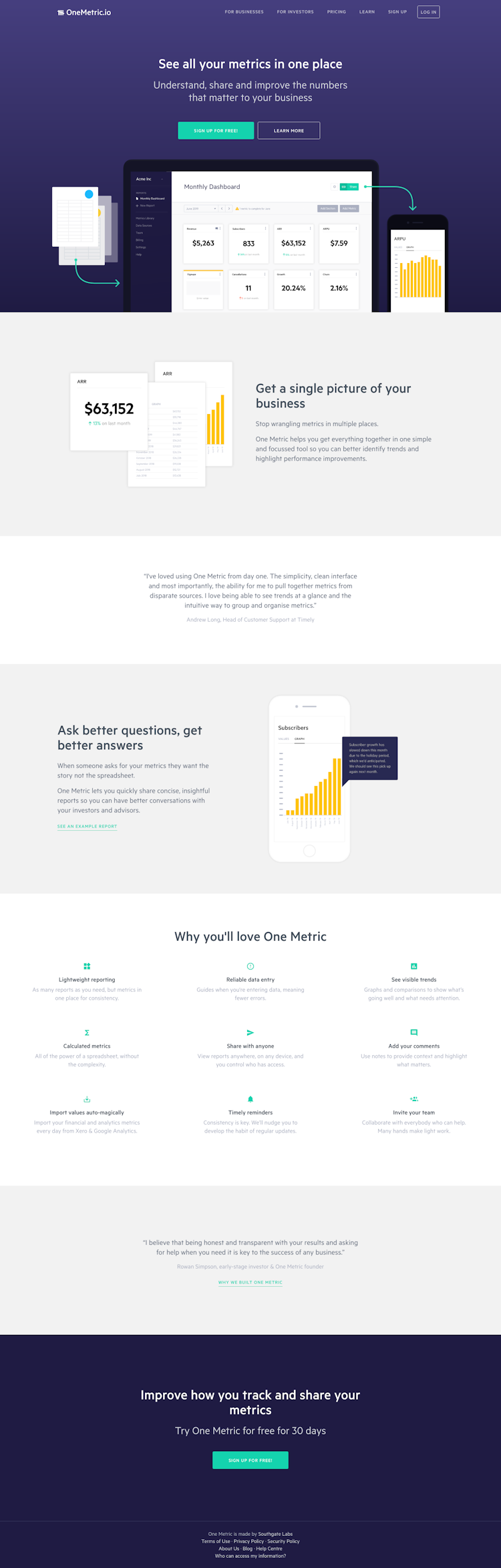 Onemetric  Landing Page Design