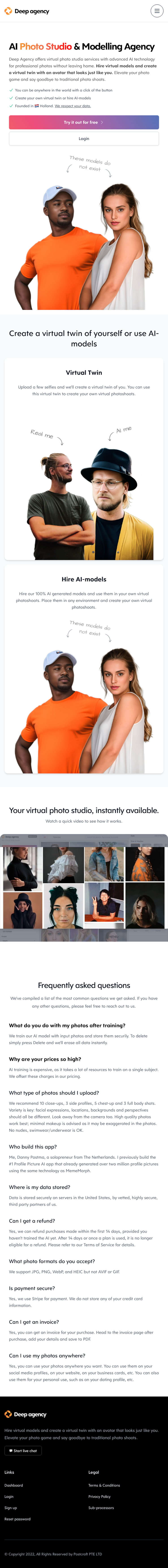 Virtual Photo Studio & AI Modelling Agency  Landing Page Design